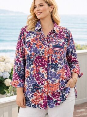 Cut Loose Linen Button Down Shirt L Made in USA Artsy Floral Cottagecore Coastal